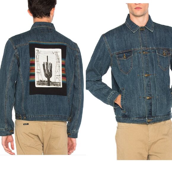 10.DEEP Mens Badlands Denim Jean Jacket Embroidered Southwestern Desert Cactus M - Picture 3 of 9